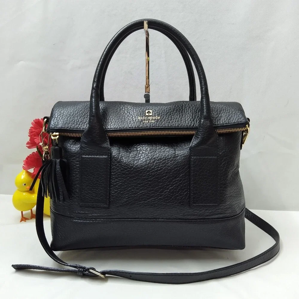 Kate Spade New York Black Pebbled Leather Top Handle Zipper Satchel Shoulder Bag
